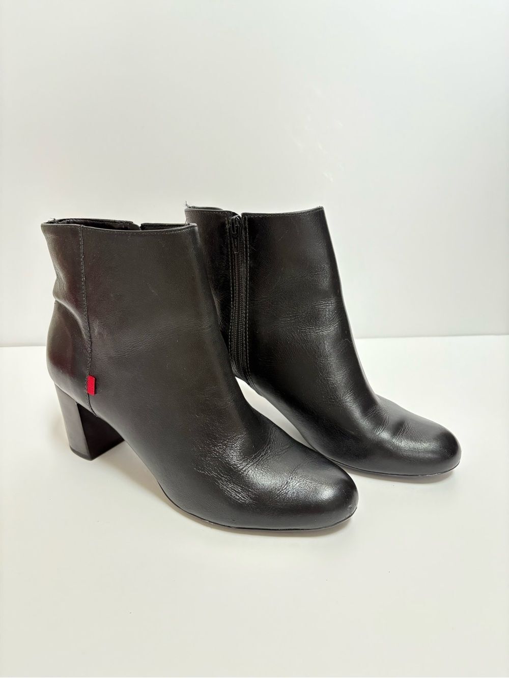 Women's Black Leather Ankle Booties with Block Heel